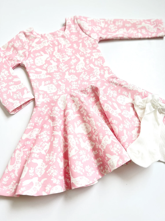 preorder GLD1558 Easter Bunny Rabbit Flowers Pink Long Sleeve Girls Dress