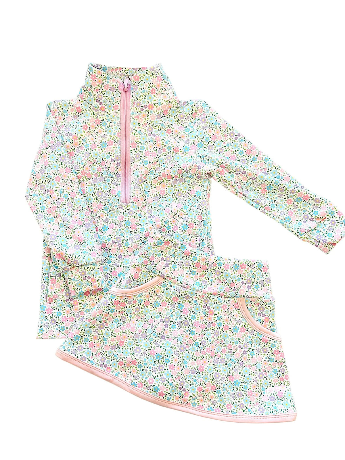 preorder GLD1559 Colorful Flowers Floral Zipper Long Sleeve Skorts Girls Set