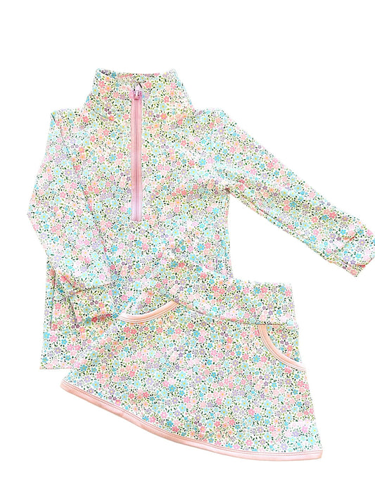 preorder GLD1559 Colorful Flowers Floral Zipper Long Sleeve Skorts Girls Set