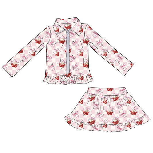 preorder GLD1560 Yoga Pink Bows Cherry Zipper Long Sleeve Coat Skorts Girls Set