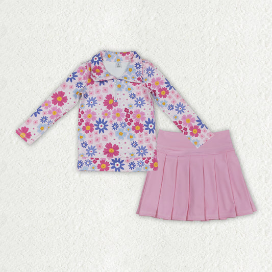 GLD1563 Yoga Colorful Flowers Zipper Long Sleeve Pink Skorts Girls Set