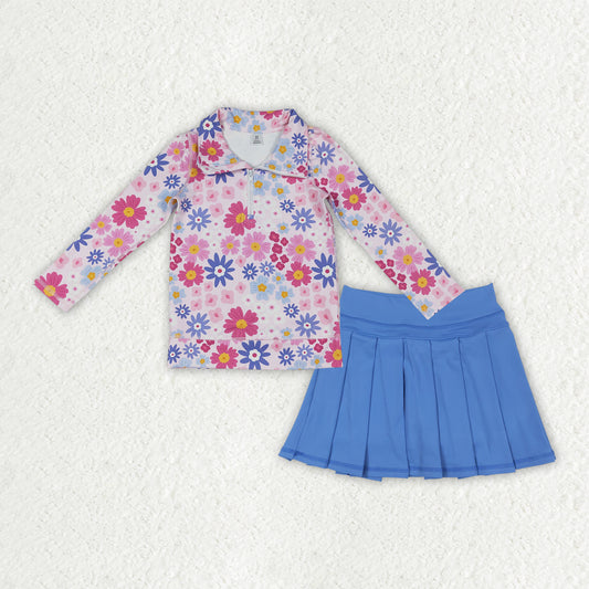 GLD1564 Yoga Colorful Flowers Zipper Long Sleeve Blue Skorts Girls Set