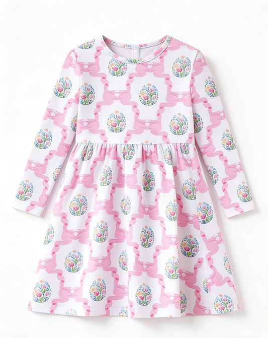 preorder GLD1565 Flowers Bows Pink Long Sleeve Girls Dress