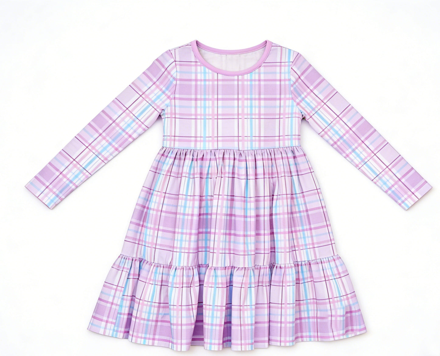 preorder GLD1568 Purple Checkered Long Sleeve Girls Dress