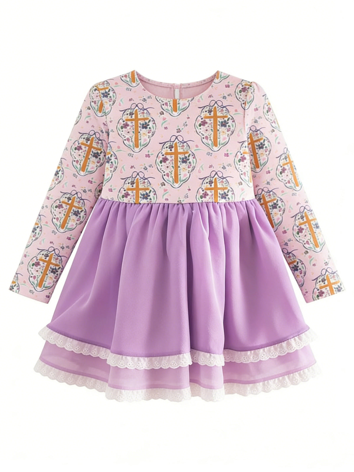 preorder GLD1571 Easter Cross Pink Purple Long Sleeve Girls Dress