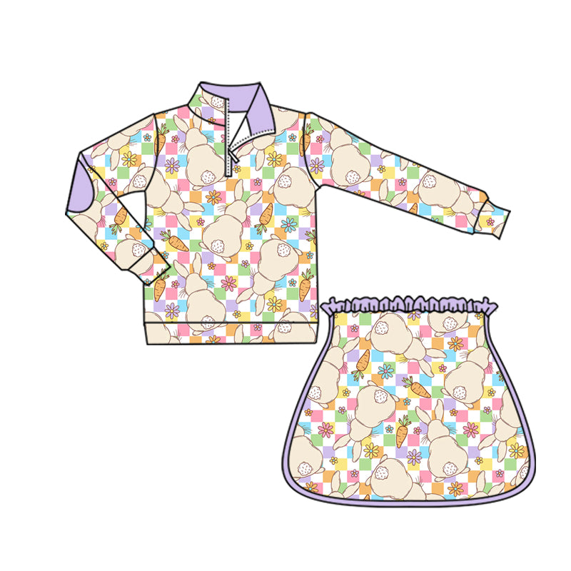 preorder GLD1574 Easter Bunny Rabbit Flowers Purple Zipper Long Sleeve Skorts Girls Set