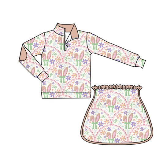 preorder GLD1576 Easter Bunny Rabbit Flowers Zipper Long Sleeve Skorts Girls Set