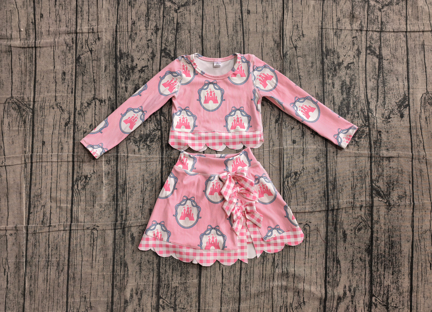 preorder Samples GLD1601 Yoga Castle Bows Pink Long Sleeve Skorts Girls Set