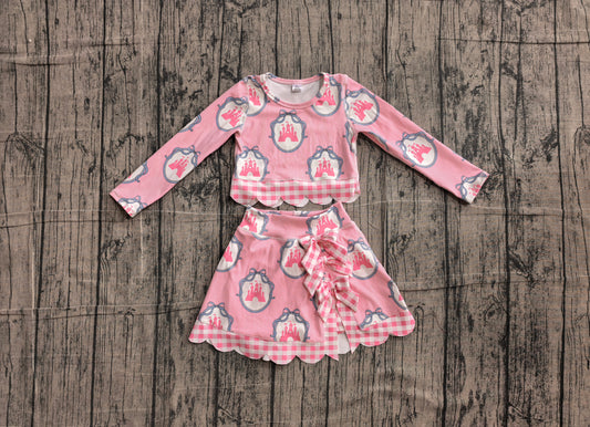 preorder Samples GLD1601 Yoga Castle Bows Pink Long Sleeve Skorts Girls Set