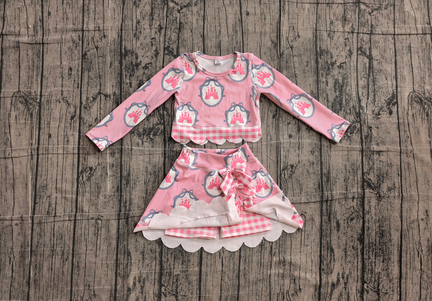 preorder Samples GLD1601 Yoga Castle Bows Pink Long Sleeve Skorts Girls Set