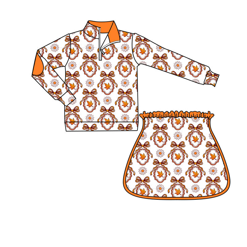 preorder GLD1602 Autumn Bows Flowers Orange Zipper Long Sleeve Skorts Girls Set