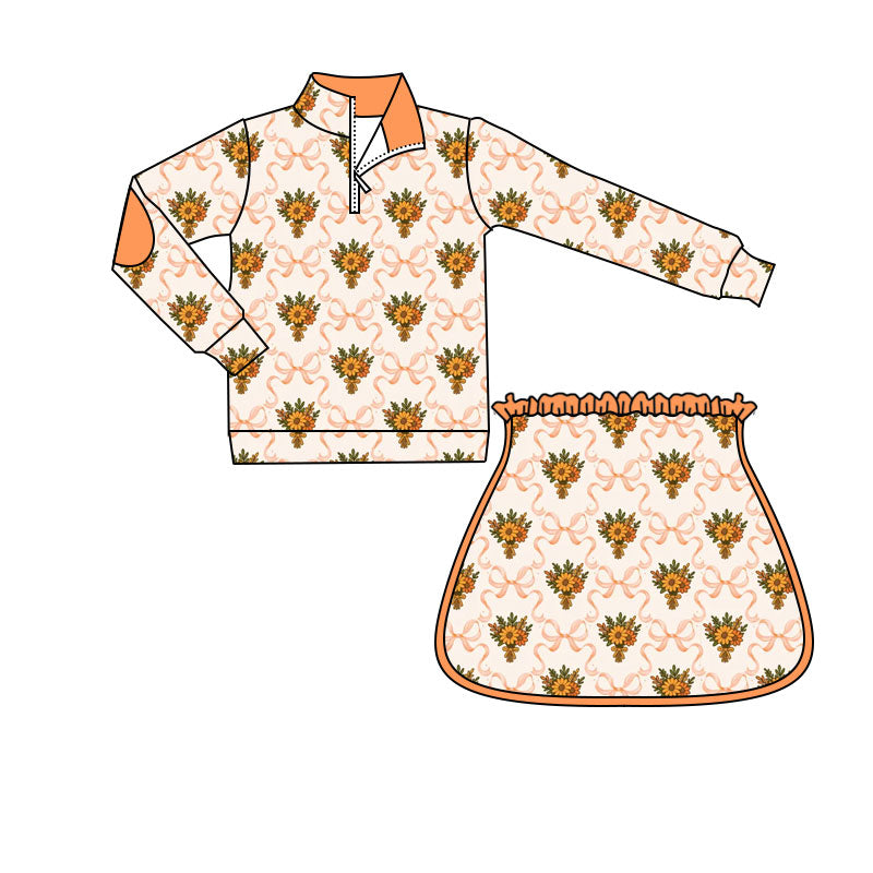 preorder GLD1603 Autumn Bows Flowers Orange Zipper Long Sleeve Skorts Girls Set