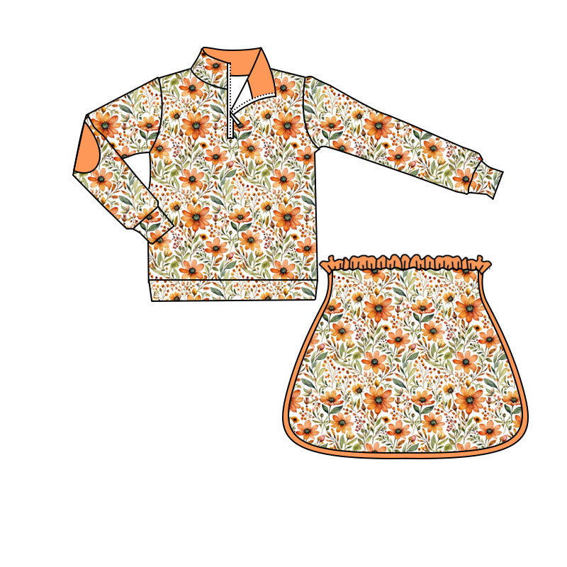 preorder GLD1606 Autumn Flowers Orange Zipper Long Sleeve Skorts Girls Set