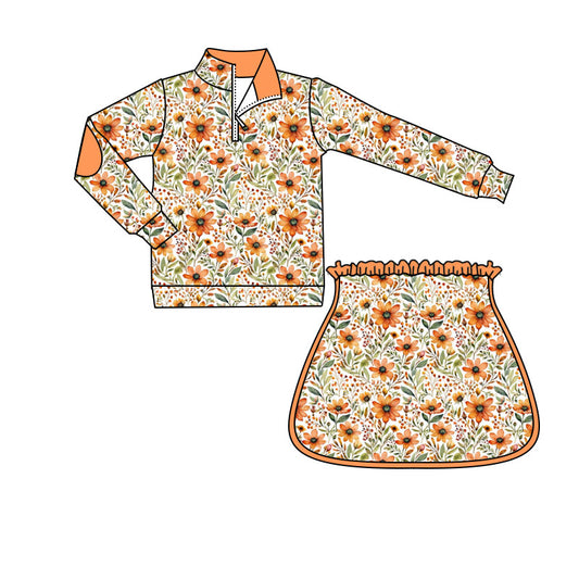 preorder GLD1606 Autumn Flowers Orange Zipper Long Sleeve Skorts Girls Set