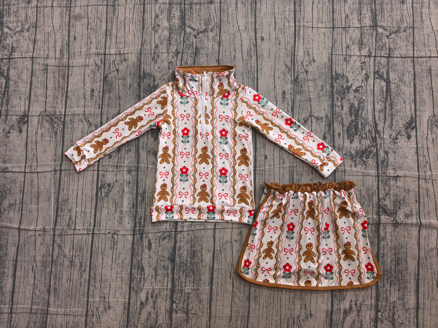 preorder Samples GLD1607 Christmas Gingerbread Man Zipper Long Sleeve Skorts Girls Set