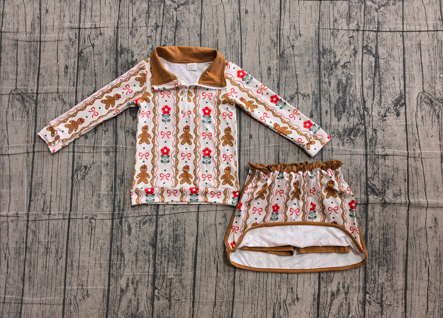 preorder Samples GLD1607 Christmas Gingerbread Man Zipper Long Sleeve Skorts Girls Set