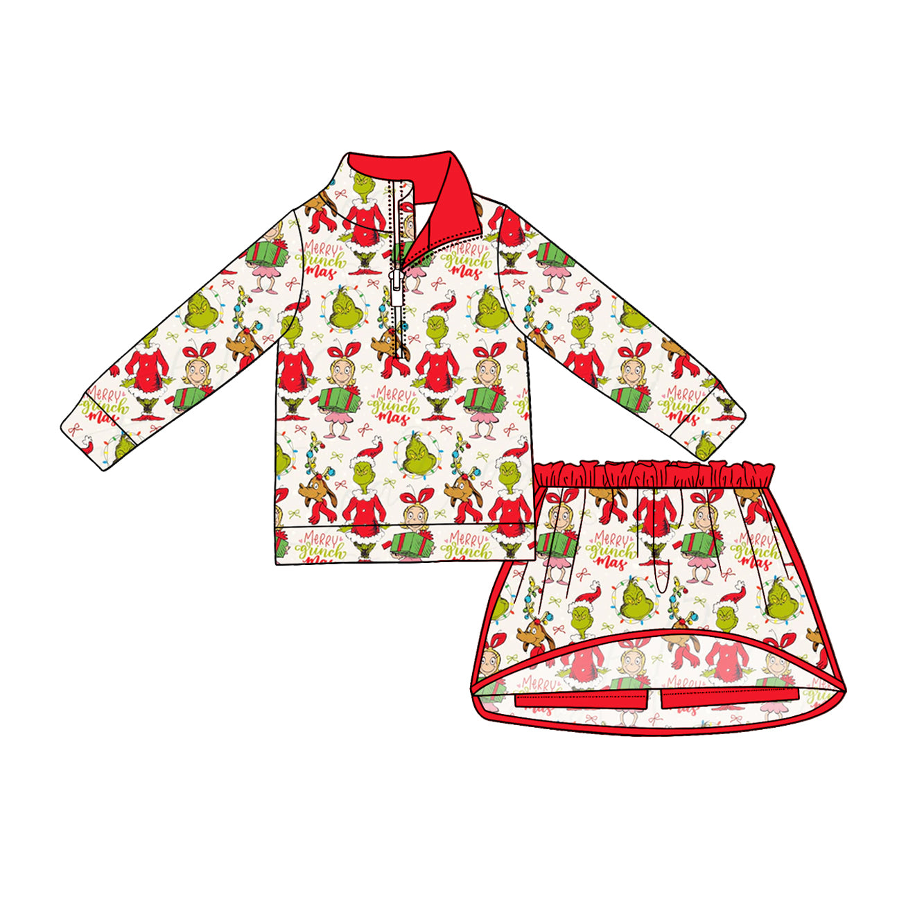 preorder GLD1608 Christmas Green Face Zipper Long Sleeve Skorts Girls Set
