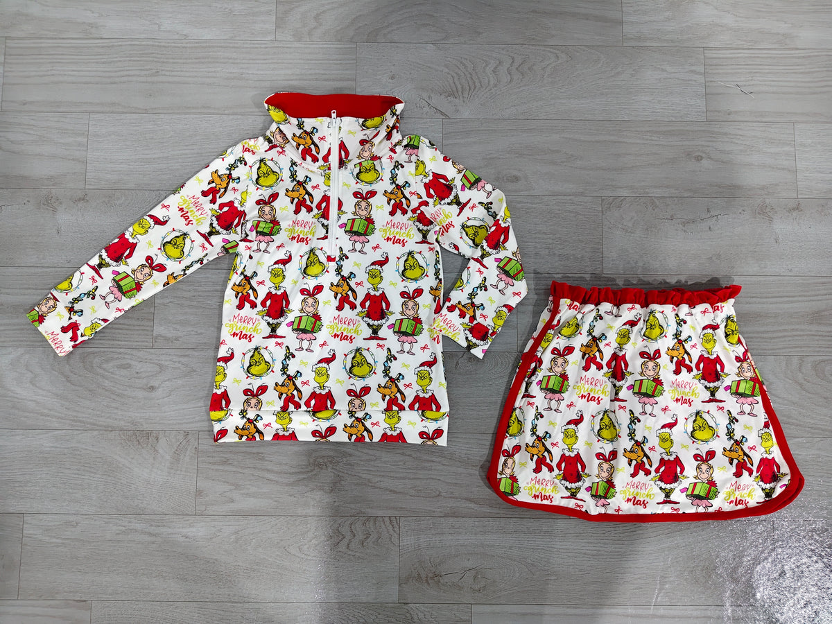 preorder Samples GLD1608 Christmas Green Face Zipper Long Sleeve Skorts Girls Set