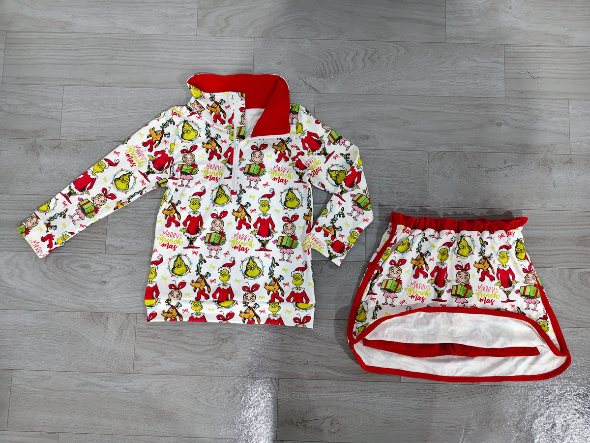 preorder Samples GLD1608 Christmas Green Face Zipper Long Sleeve Skorts Girls Set