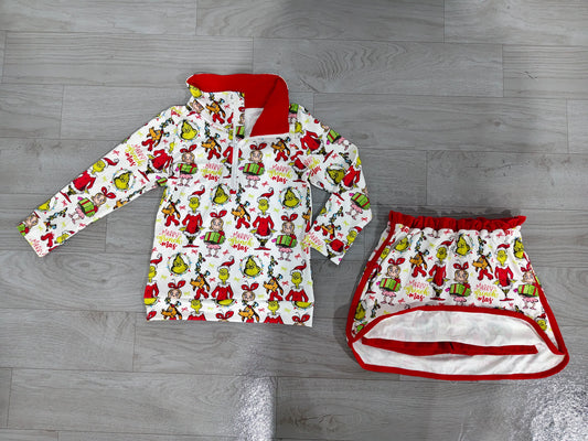 preorder Samples GLD1608 Christmas Green Face Zipper Long Sleeve Skorts Girls Set