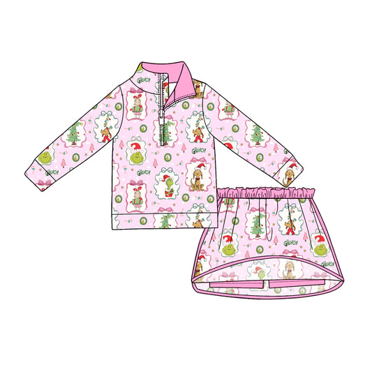 preorder GLD1609 Christmas Green Face Pink Zipper Long Sleeve Skorts Girls Set