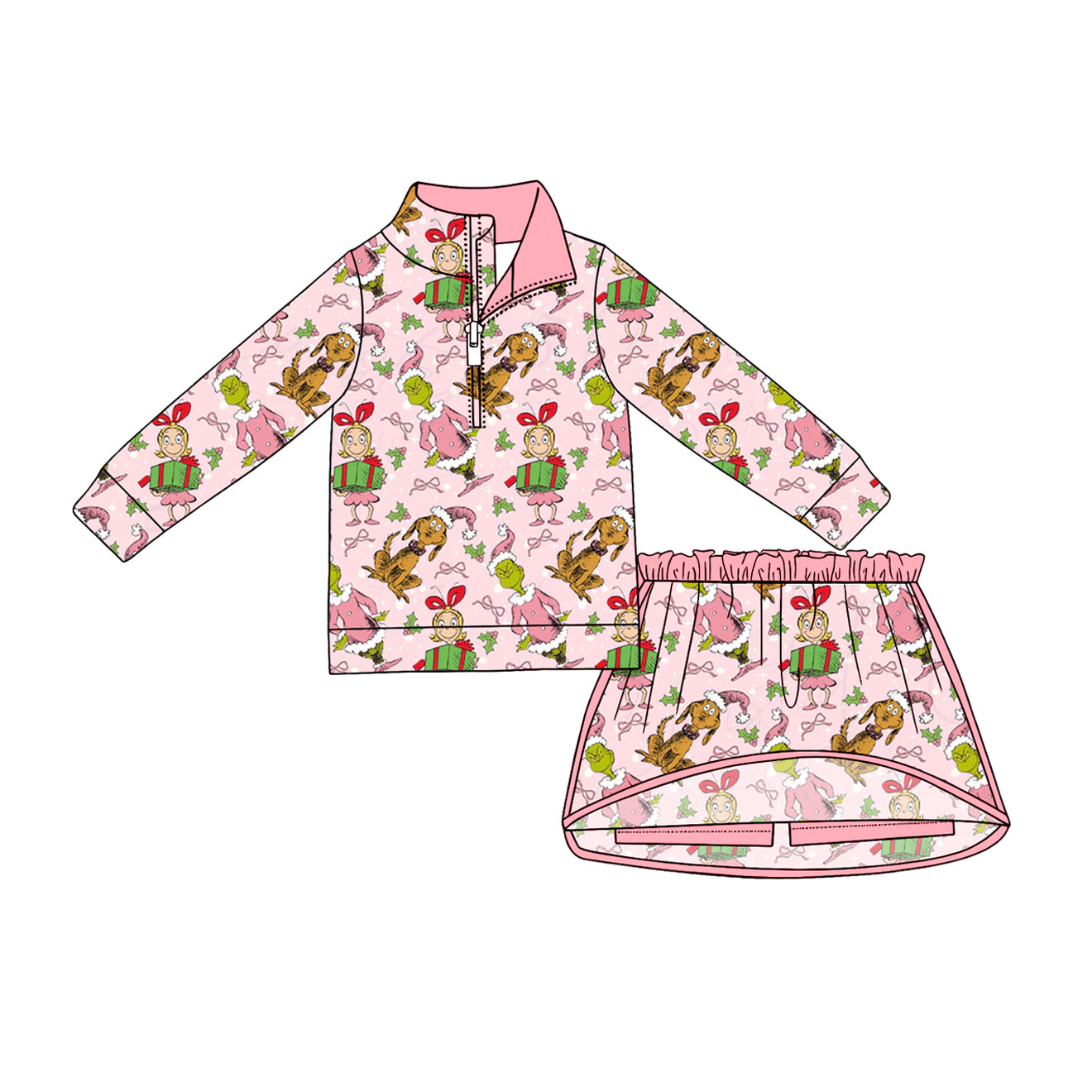 preorder GLD1610 Christmas Green Face Pink Zipper Long Sleeve Skorts Girls Set