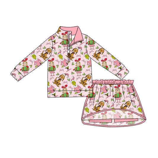 preorder GLD1610 Christmas Green Face Pink Zipper Long Sleeve Skorts Girls Set