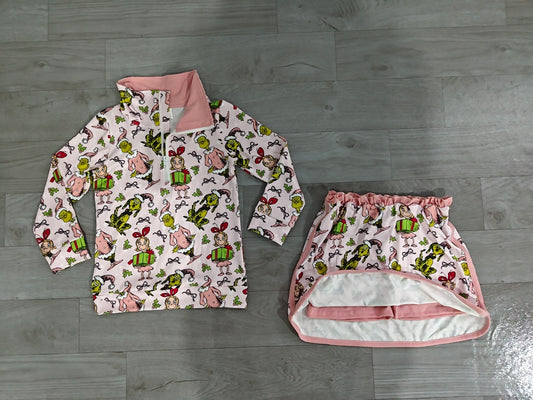 preorder Samples GLD1610 Christmas Green Face Pink Zipper Long Sleeve Skorts Girls Set