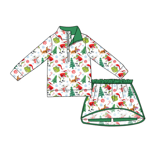 preorder GLD1611 Christmas Green Face Zipper Long Sleeve Skorts Girls Set