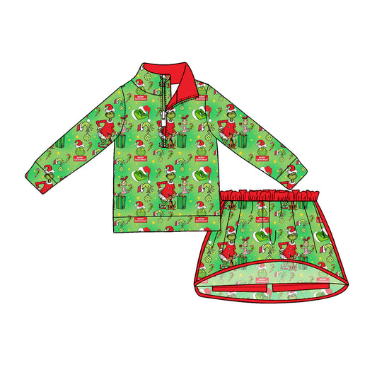 preorder GLD1612 Christmas Green Face Zipper Long Sleeve Skorts Girls Set