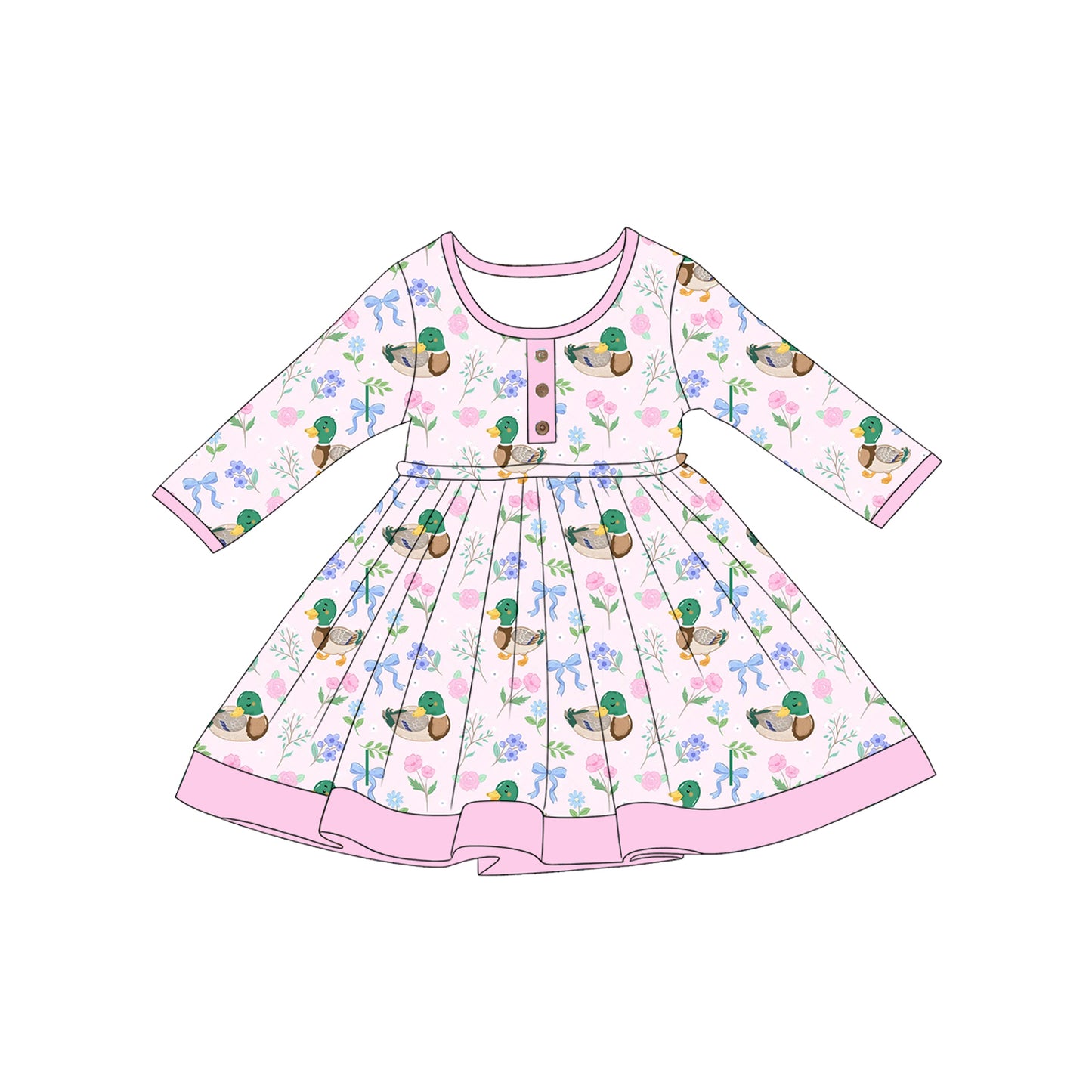 preorder GLD1621 Hunting Mallard Duck Flowers Pink Long Sleeve Girls Dress