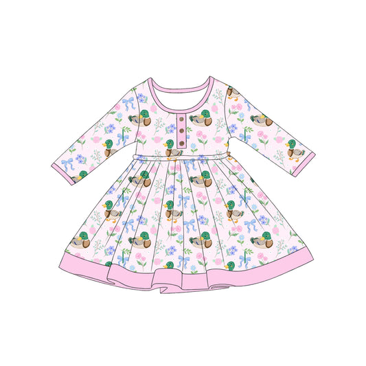 preorder GLD1621 Hunting Mallard Duck Flowers Pink Long Sleeve Girls Dress