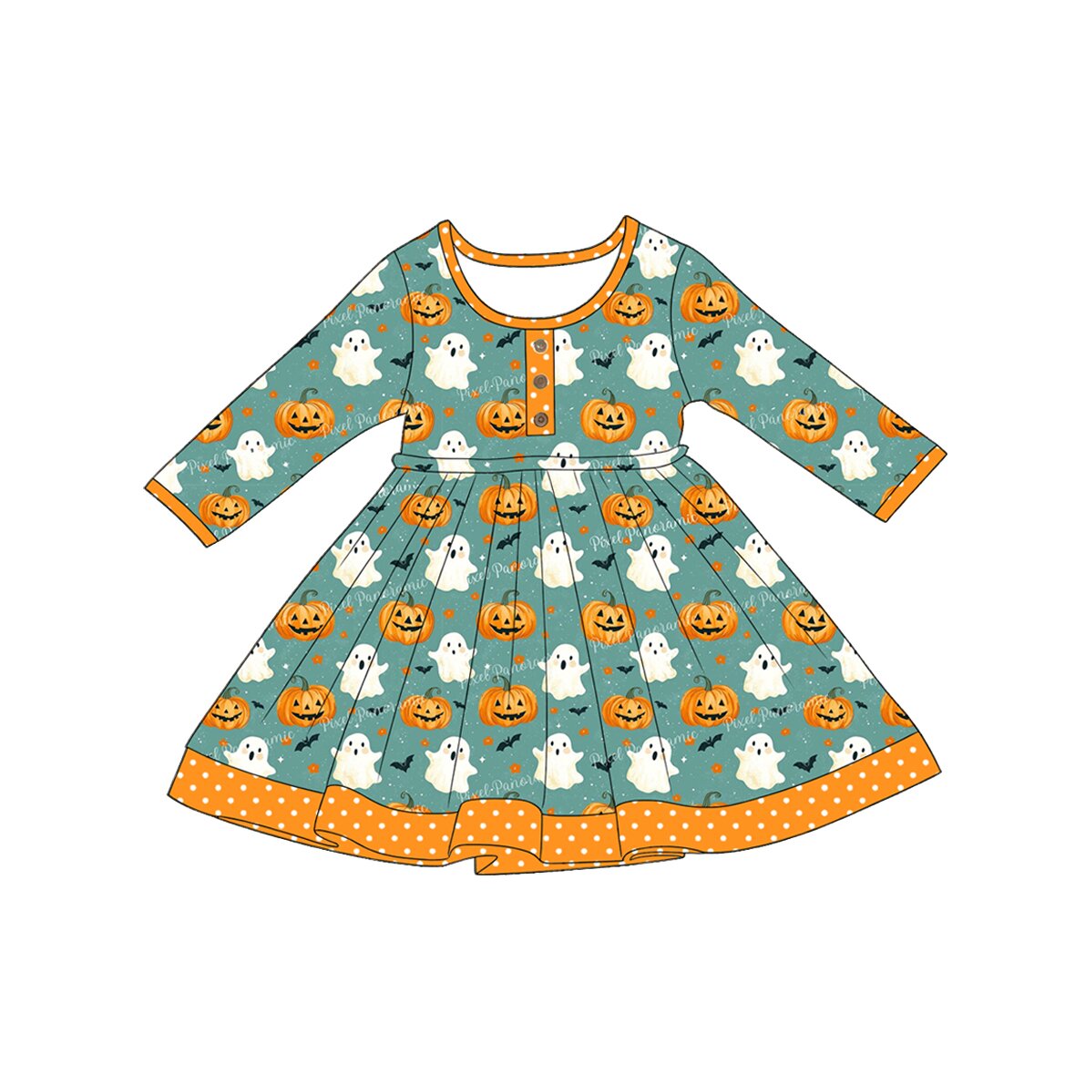 preorder GLD1623 Halloween Pumpkin Green Long Sleeve Girls Dress