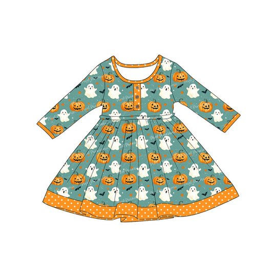 preorder GLD1623 Halloween Pumpkin Green Long Sleeve Girls Dress