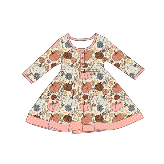 preorder GLD1625 Pumpkin Cactus Long Sleeve Girls Dress