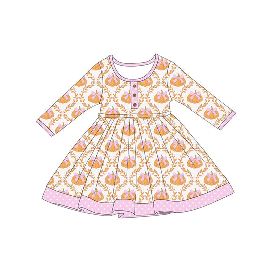 preorder GLD1627 Pumpkin Bows Pink Long Sleeve Girls Dress