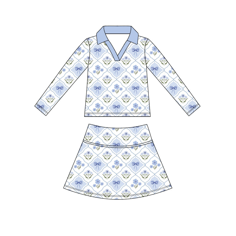 preorder GLD1629 Blue Flowers Bows Long Sleeve Skorts Girls Set
