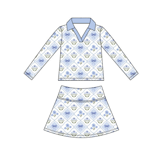 preorder GLD1629 Blue Flowers Bows Long Sleeve Skorts Girls Set