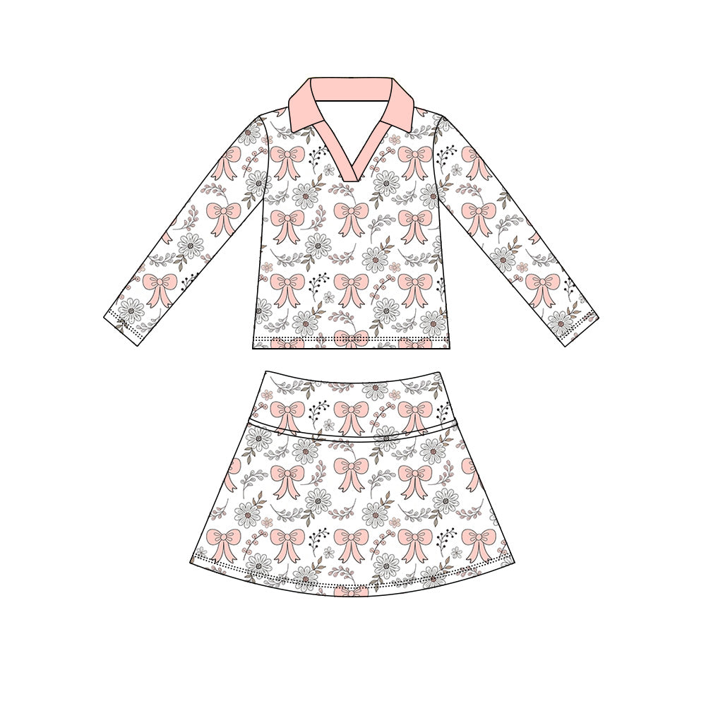 preorder GLD1631 Pink Flowers Bows Long Sleeve Skorts Girls Set