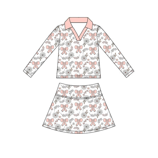 preorder GLD1631 Pink Flowers Bows Long Sleeve Skorts Girls Set