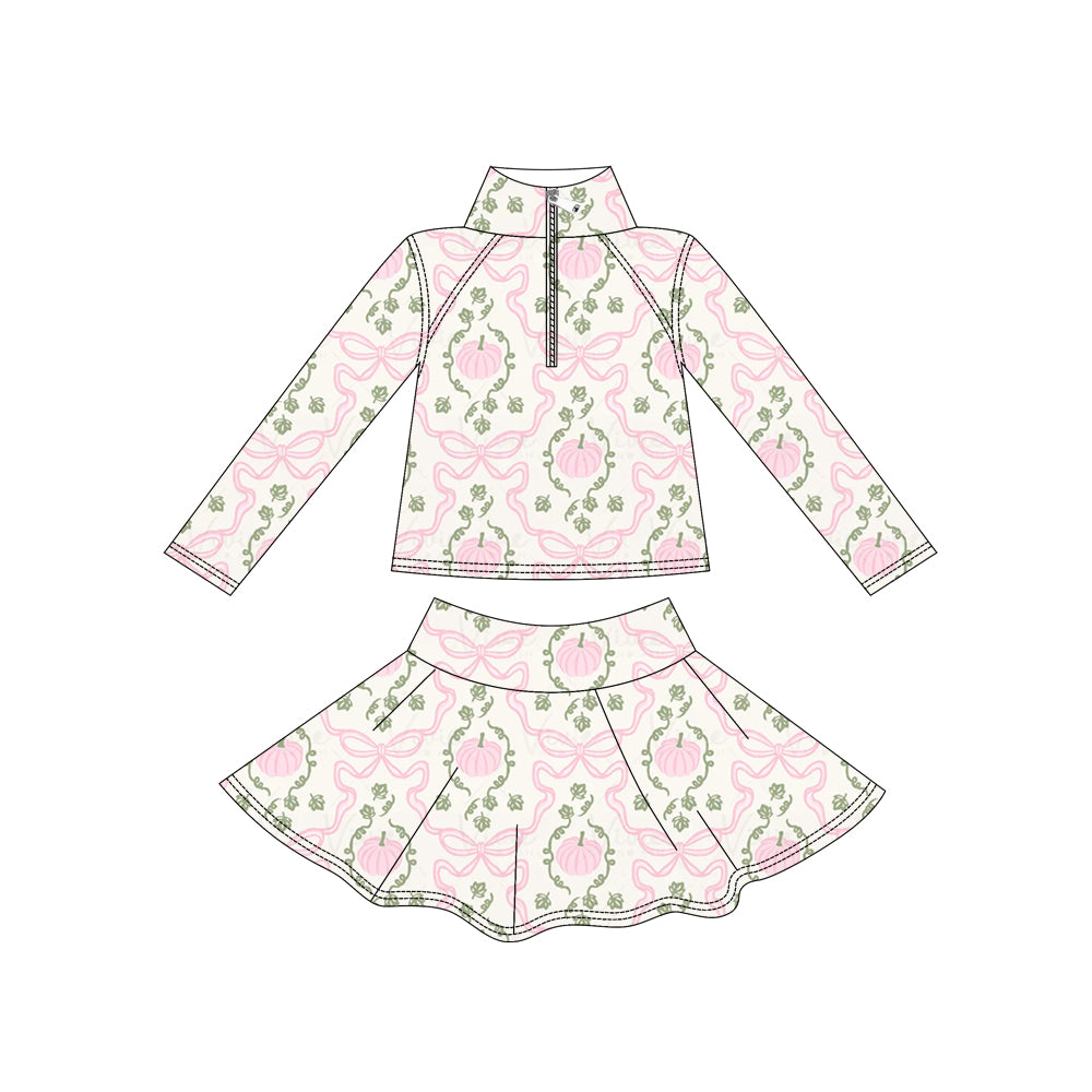 preorder GLD1633 Pink Pumpkin Bows Zipper Long Sleeve Skorts Girls Set