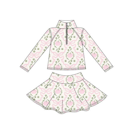 preorder GLD1633 Pink Pumpkin Bows Zipper Long Sleeve Skorts Girls Set