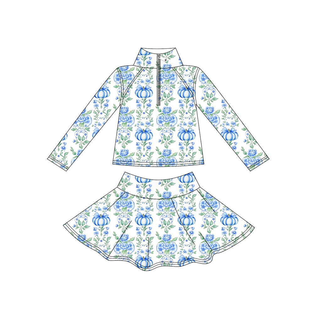 preorder GLD1634 Blue Pumpkin Bows Zipper Long Sleeve Skorts Girls Set