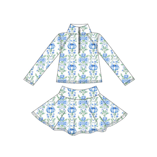 preorder GLD1634 Blue Pumpkin Bows Zipper Long Sleeve Skorts Girls Set