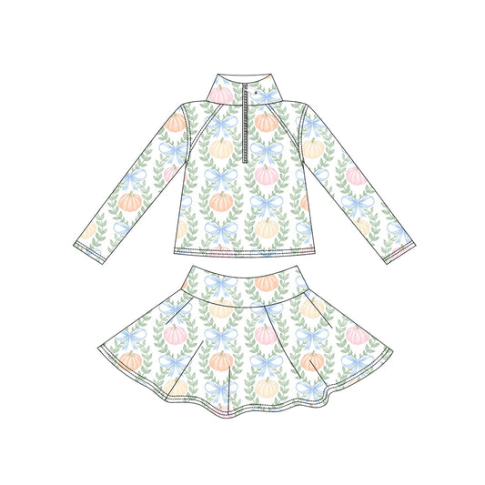 preorder GLD1635 Colorful Pumpkin Bows Zipper Long Sleeve Skorts Girls Set