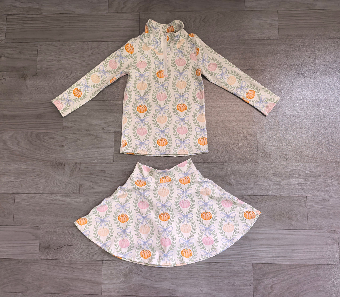 preorder Samples GLD1635 Colorful Pumpkin Bows Zipper Long Sleeve Skorts Girls Set