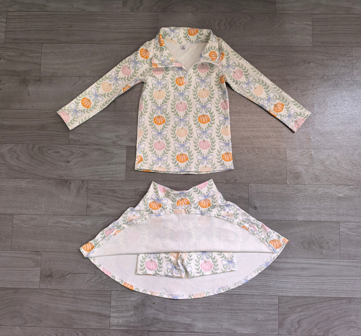 preorder Samples GLD1635 Colorful Pumpkin Bows Zipper Long Sleeve Skorts Girls Set