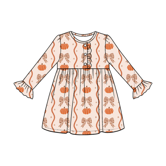 preorder GLD1636 Pumpkin Bows Long Sleeve Girls Dress