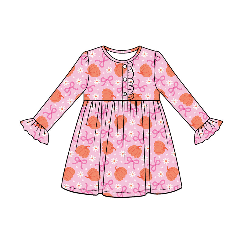 preorder GLD1638 Bows Pumpkin Long Sleeve Girls Dress