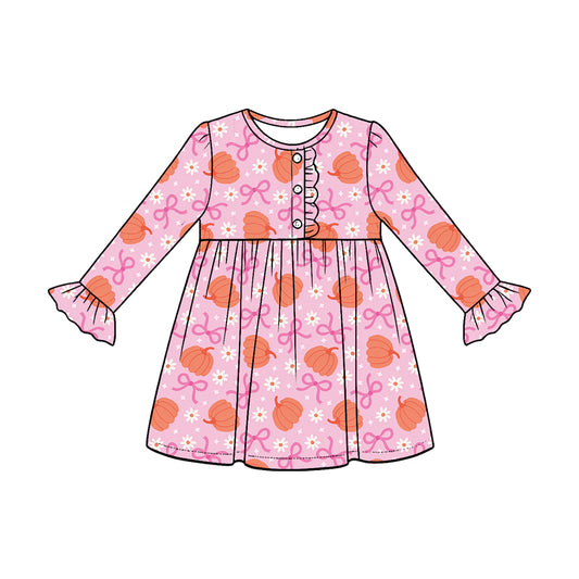 preorder GLD1638 Bows Pumpkin Long Sleeve Girls Dress